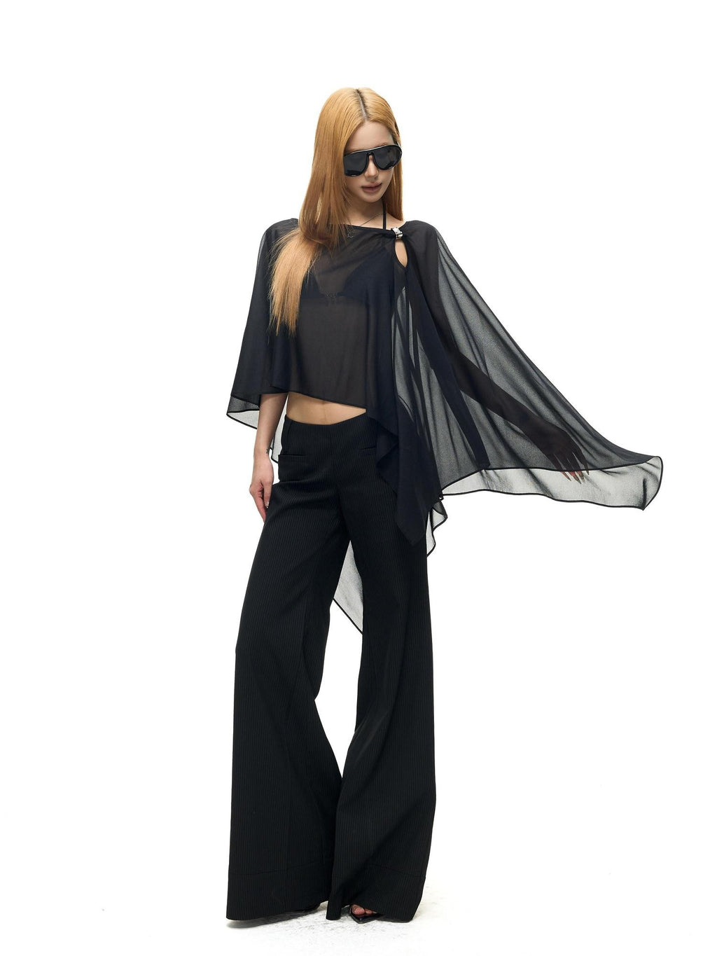 Fanptntox Black Pinstripe Slim Micro Flare Women's Poly Viscose Blend Tailored Pants