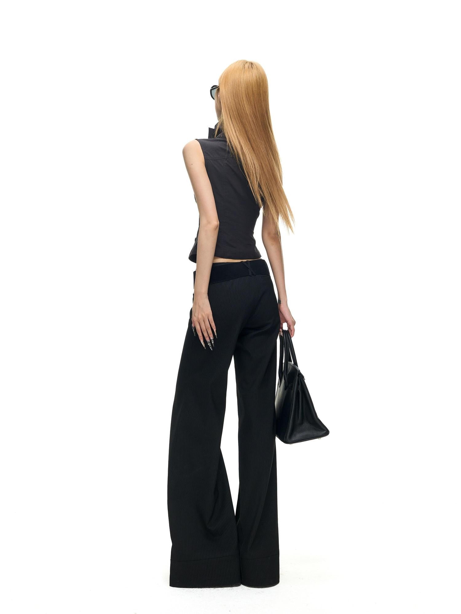 Fanptntox Black Pinstripe Slim Micro Flare Women's Poly Viscose Blend Tailored Pants