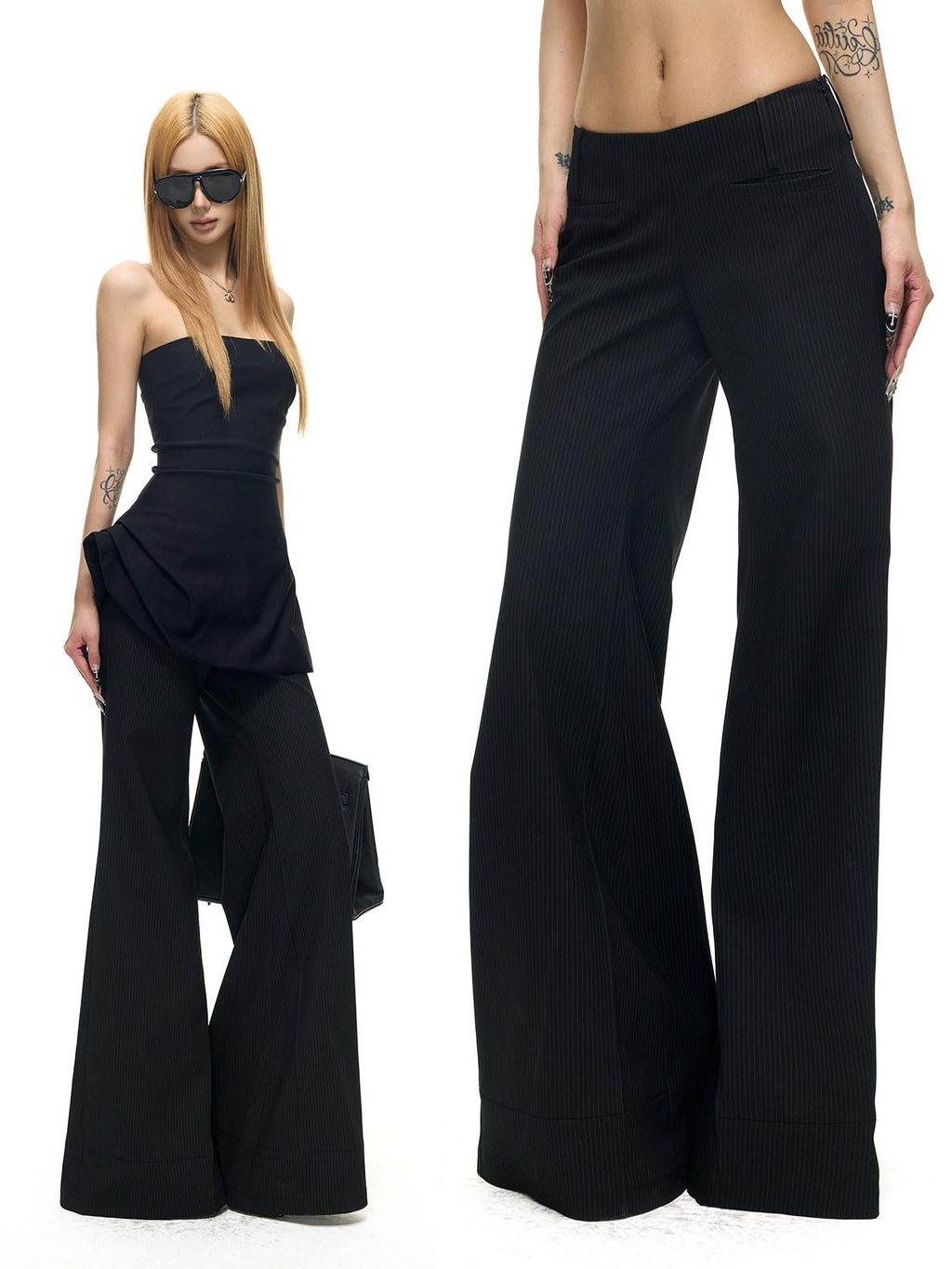 Fanptntox Black Pinstripe Slim Micro Flare Women's Poly Viscose Blend Tailored Pants