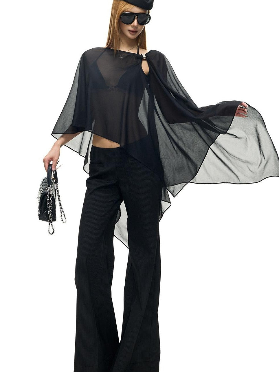 Fanptntox Black Pinstripe Slim Micro Flare Women's Poly Viscose Blend Tailored Pants