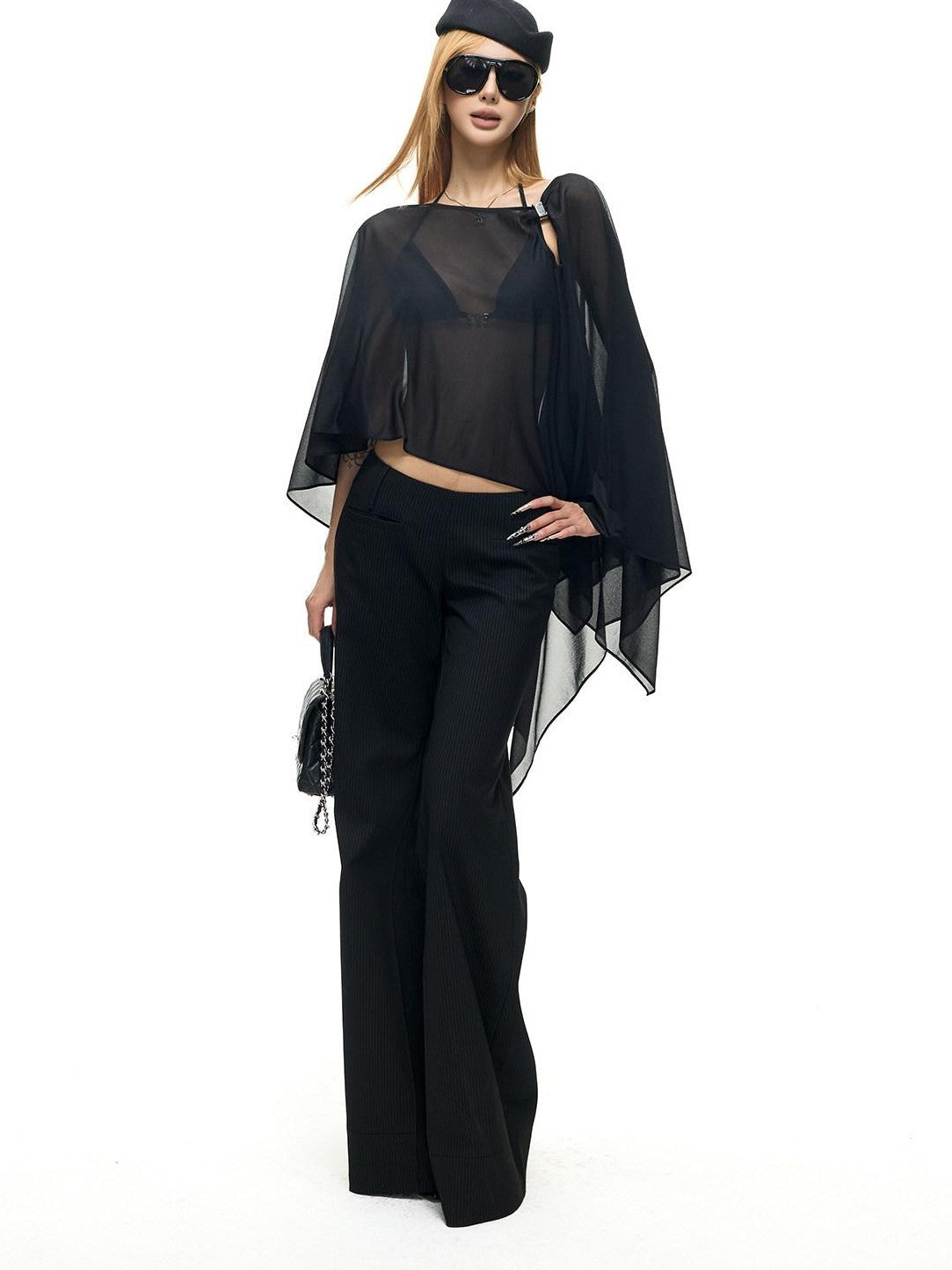 Fanptntox Black Pinstripe Slim Micro Flare Women's Poly Viscose Blend Tailored Pants