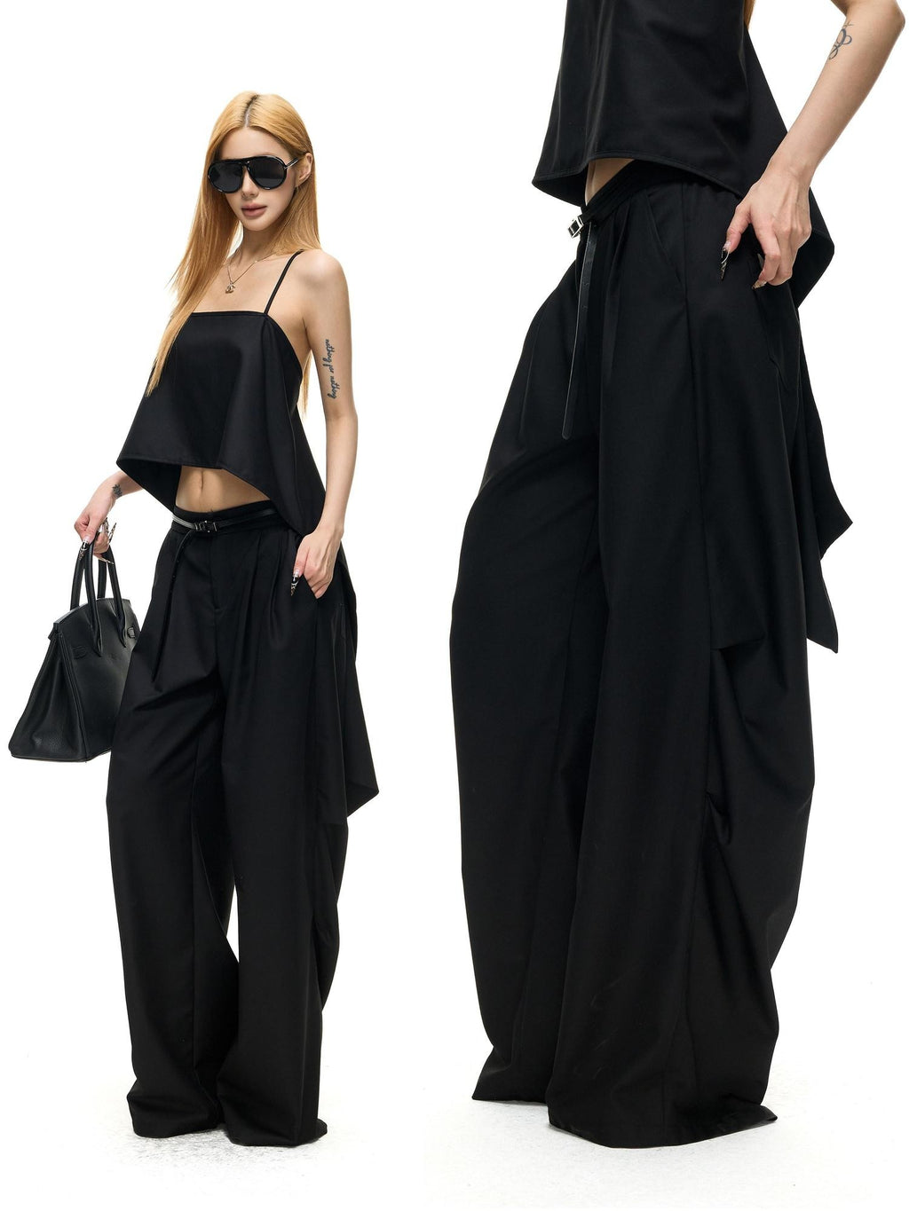 Fanptntox Black Pleated Low Waist Women's Woven Polyester Viscose Wide-leg Pants