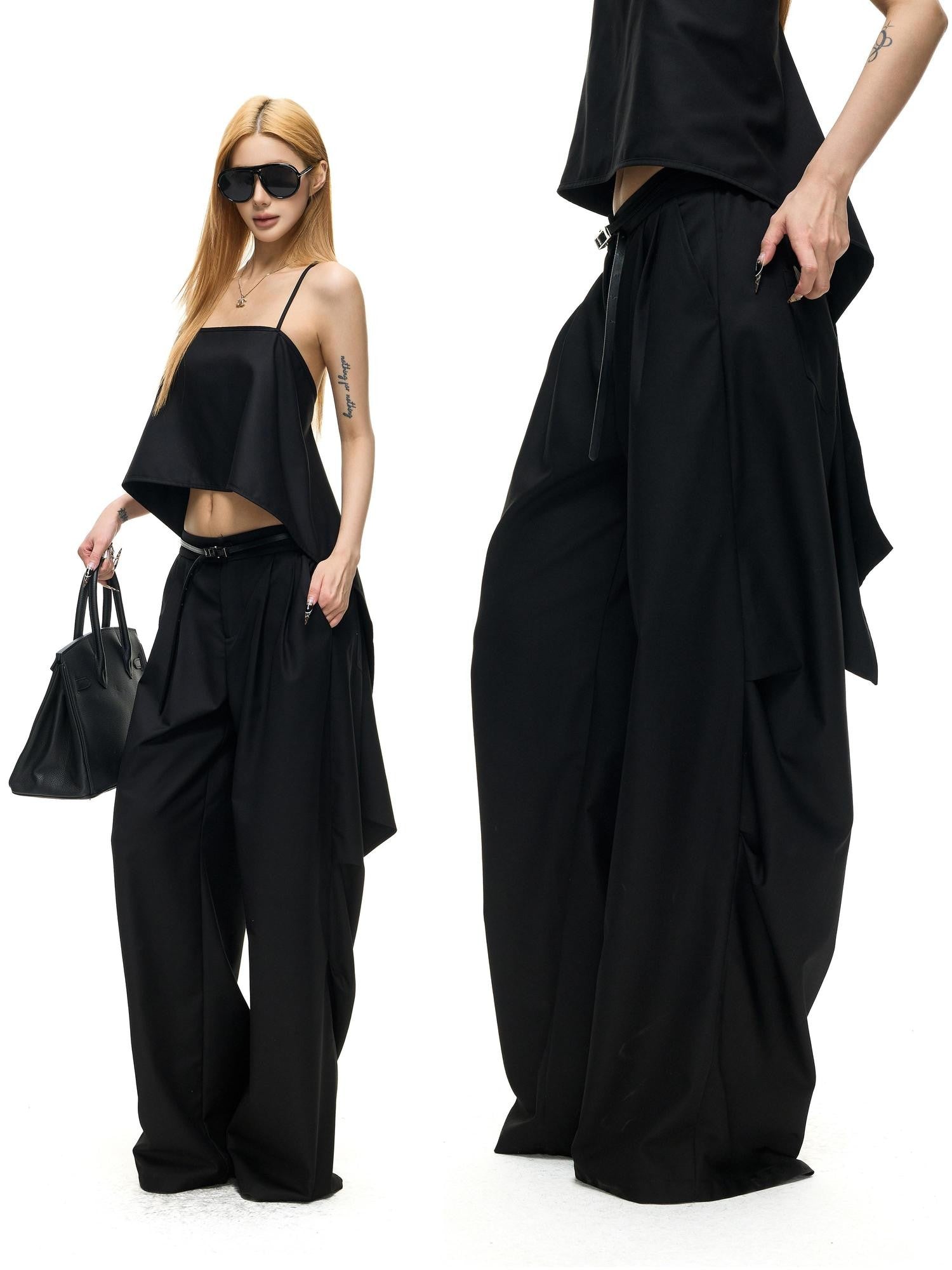 Fanptntox Black Pleated Low Waist Women's Woven Polyester Viscose Wide-leg Pants