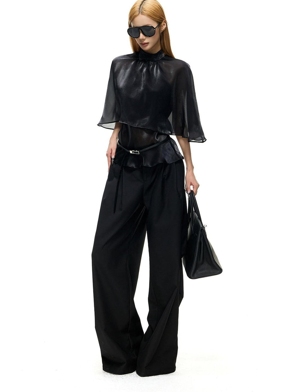 Fanptntox Black Pleated Low Waist Women's Woven Polyester Viscose Wide-leg Pants