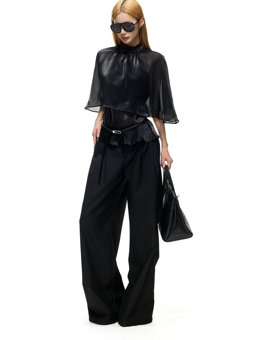 Fanptntox Black Pleated Low Waist Women's Woven Polyester Viscose Wide-leg Pants