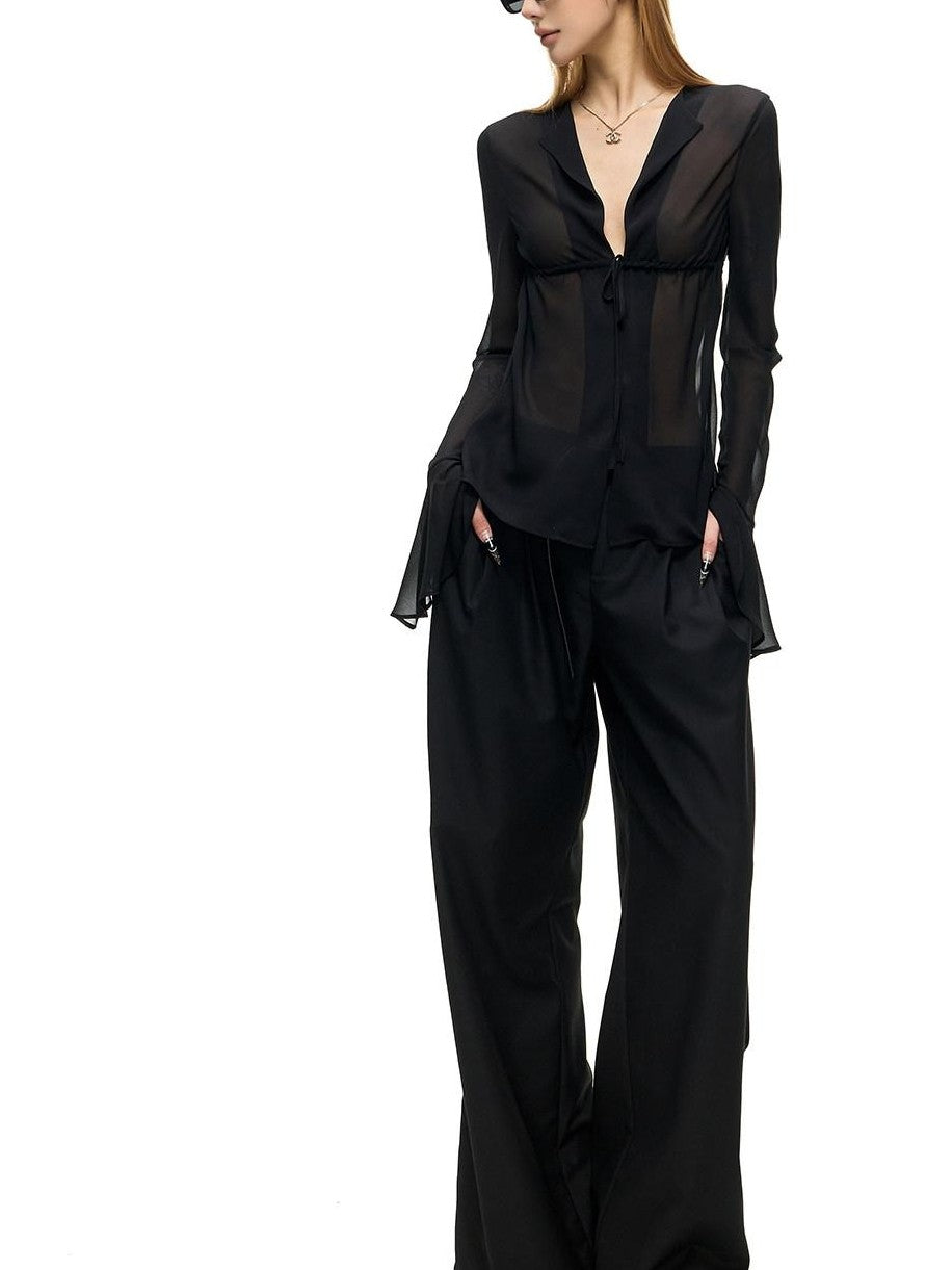 Fanptntox Black Pleated Low Waist Women's Woven Polyester Viscose Wide-leg Pants