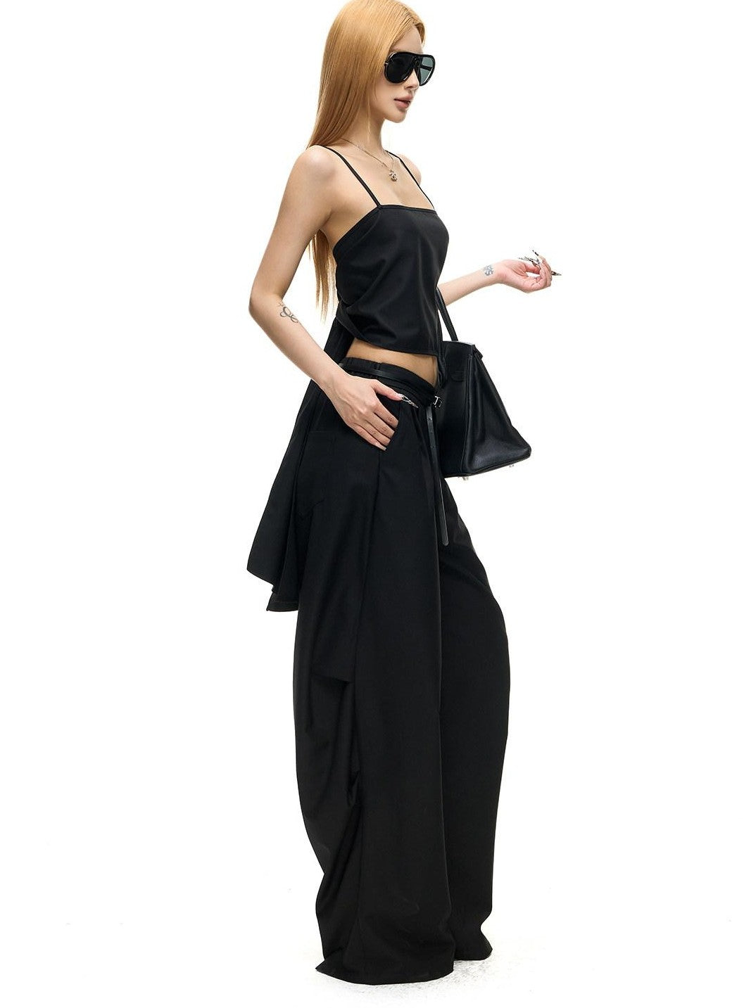 Fanptntox Black Pleated Low Waist Women's Woven Polyester Viscose Wide-leg Pants