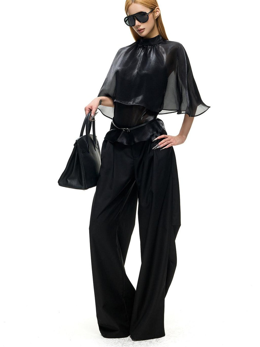 Fanptntox Black Pleated Low Waist Women's Woven Polyester Viscose Wide-leg Pants