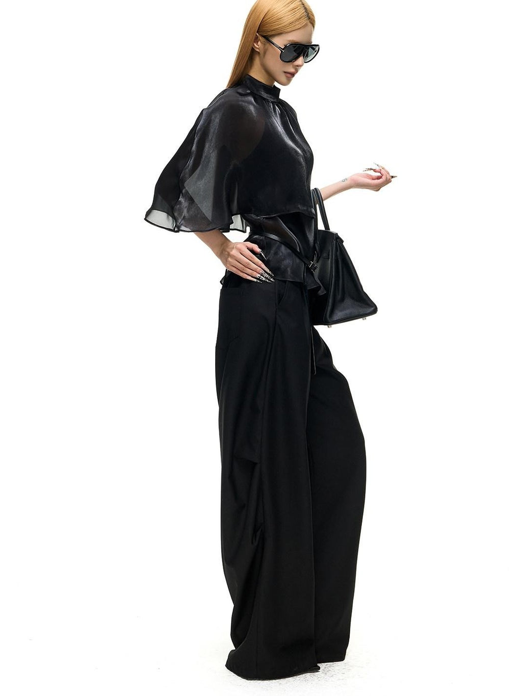 Fanptntox Black Pleated Low Waist Women's Woven Polyester Viscose Wide-leg Pants