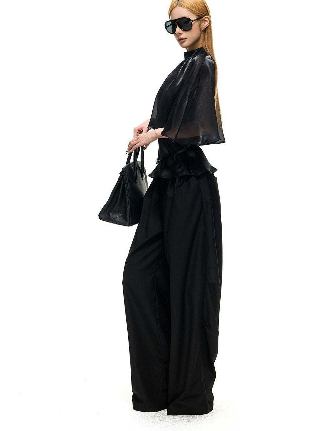 Fanptntox Black Pleated Low Waist Women's Woven Polyester Viscose Wide-leg Pants