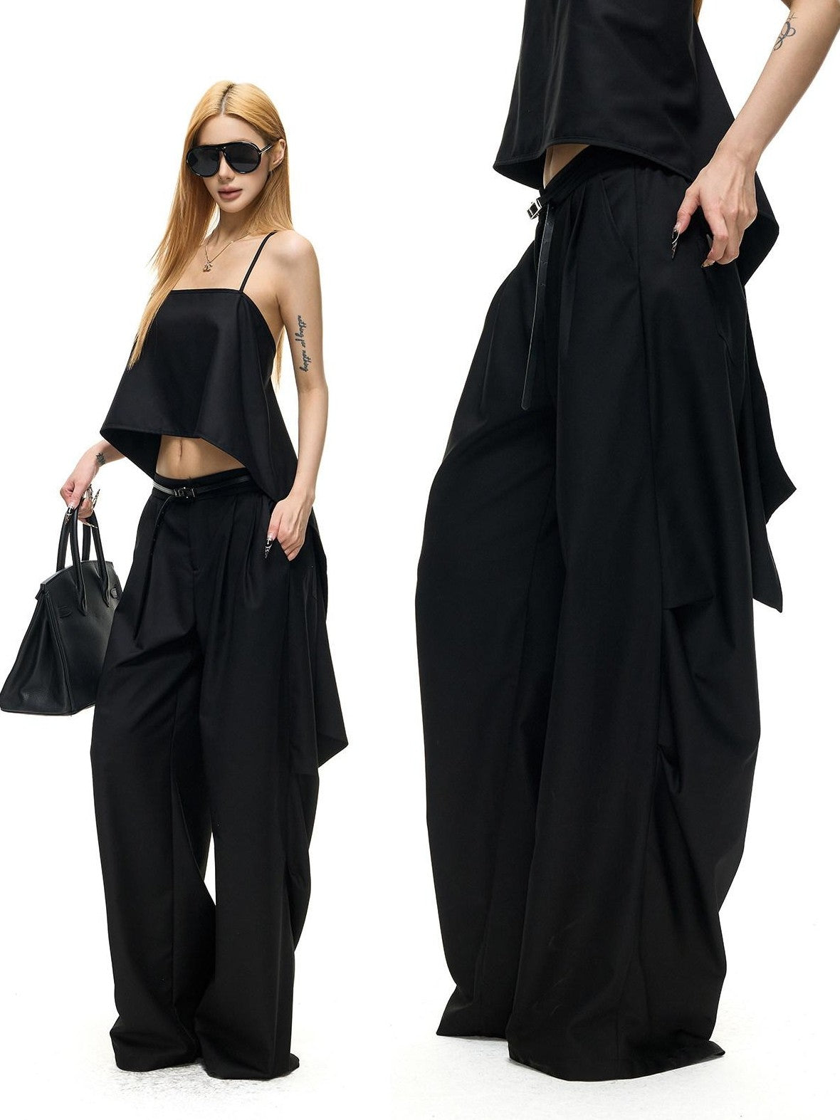 Fanptntox Black Pleated Low Waist Women's Woven Polyester Viscose Wide-leg Pants