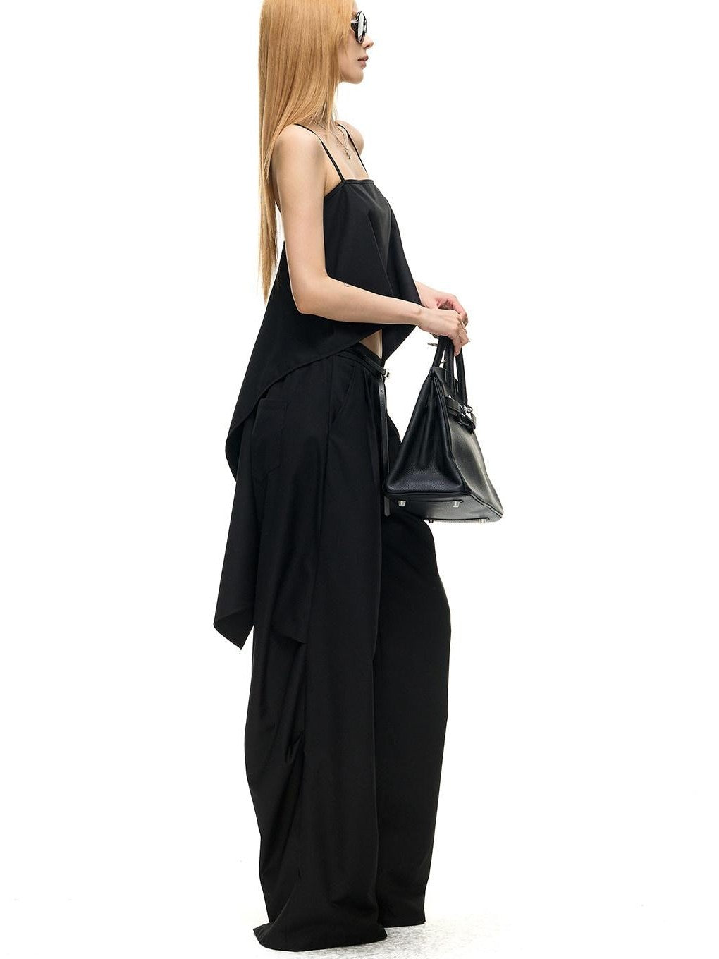 Fanptntox Black Pleated Low Waist Women's Woven Polyester Viscose Wide-leg Pants