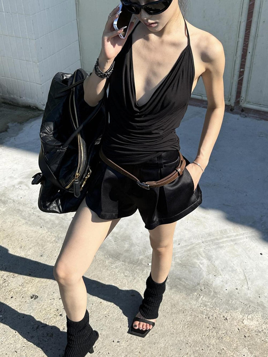 Fanptntox Black Plunging Neckline Slim Fit Streetwear Women's Kapok Halter Tops