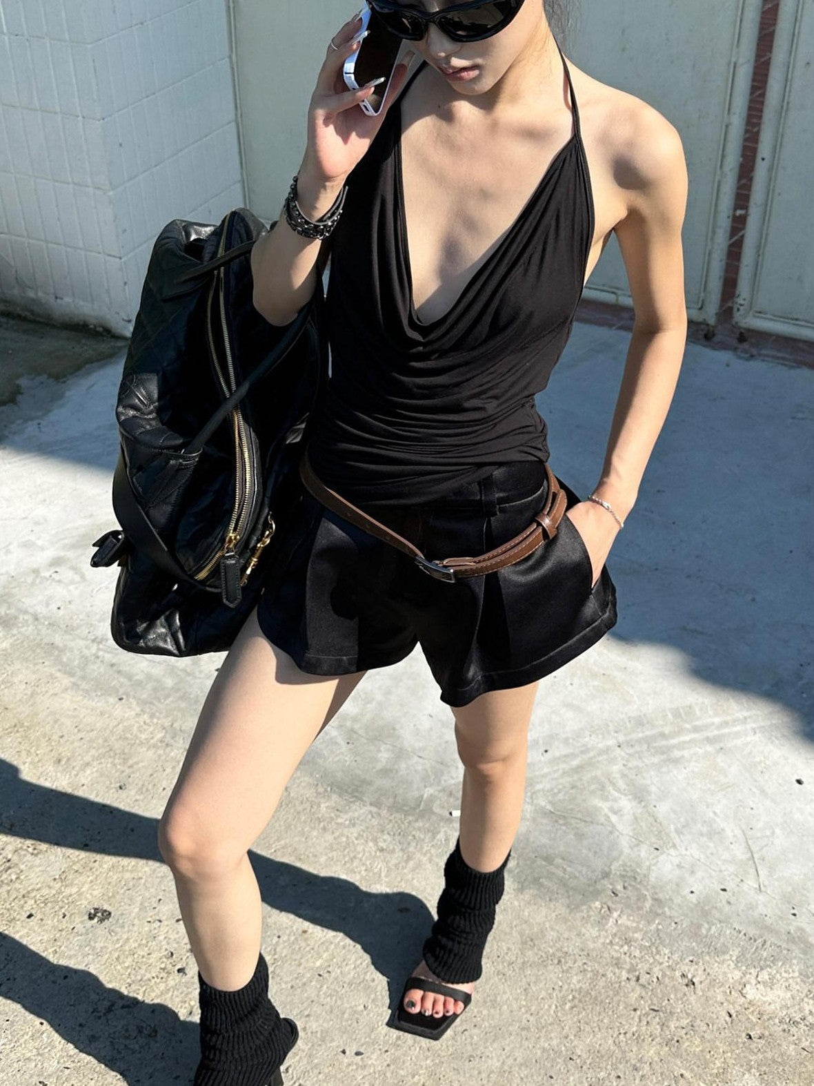 Fanptntox Black Plunging Neckline Slim Fit Streetwear Women's Kapok Halter Tops