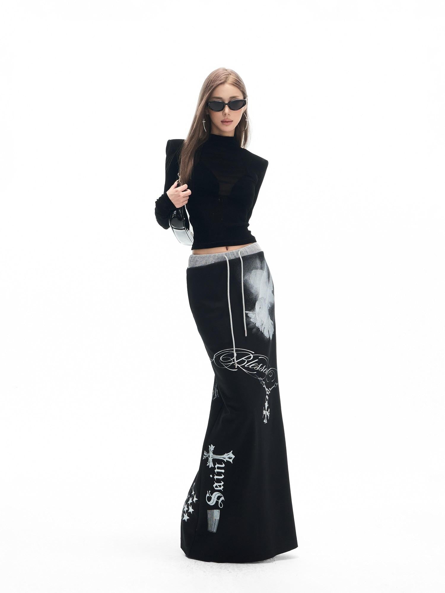 Fanptntox Black Printed Stretch Tie Waist Back Slit Low Waist Women's Cotton Maxi Skirts