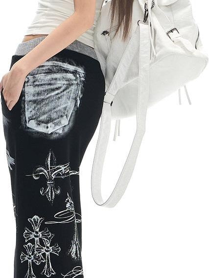 Fanptntox Black Printed Stretch Tie Waist Back Slit Low Waist Women's Cotton Maxi Skirts