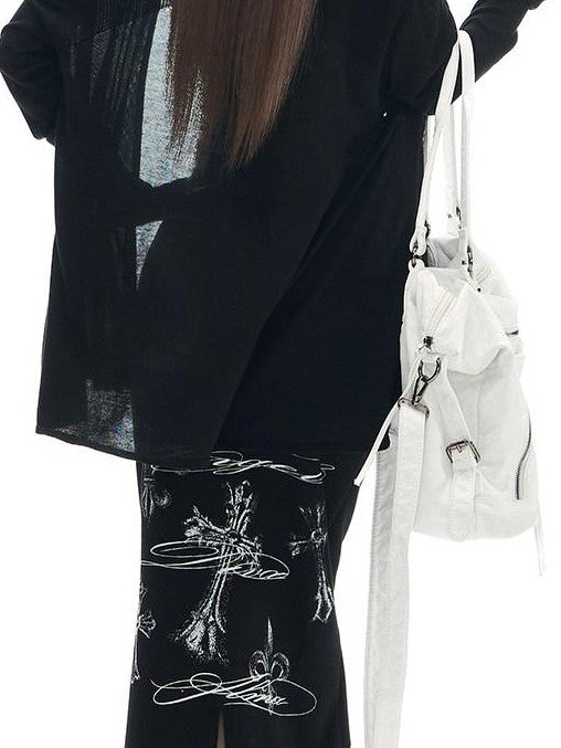 Fanptntox Black Printed Stretch Tie Waist Back Slit Low Waist Women's Cotton Maxi Skirts