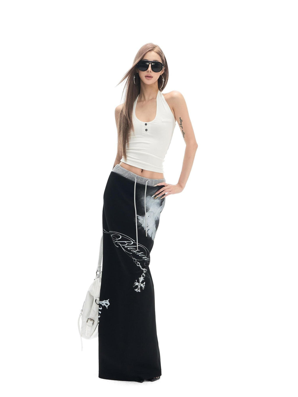 Fanptntox Black Printed Stretch Tie Waist Back Slit Low Waist Women's Cotton Maxi Skirts