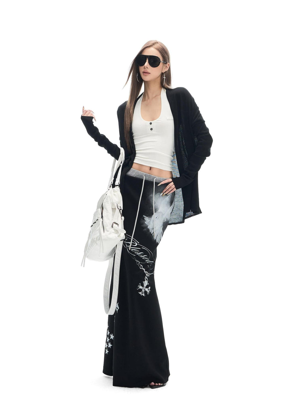 Fanptntox Black Printed Stretch Tie Waist Back Slit Low Waist Women's Cotton Maxi Skirts