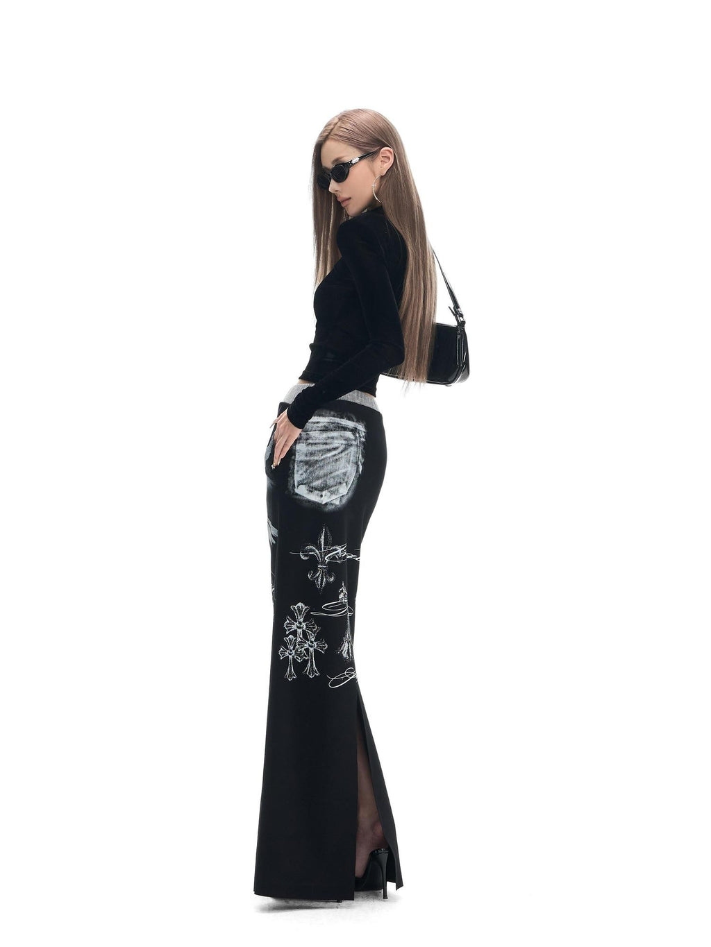 Fanptntox Black Printed Stretch Tie Waist Back Slit Low Waist Women's Cotton Maxi Skirts