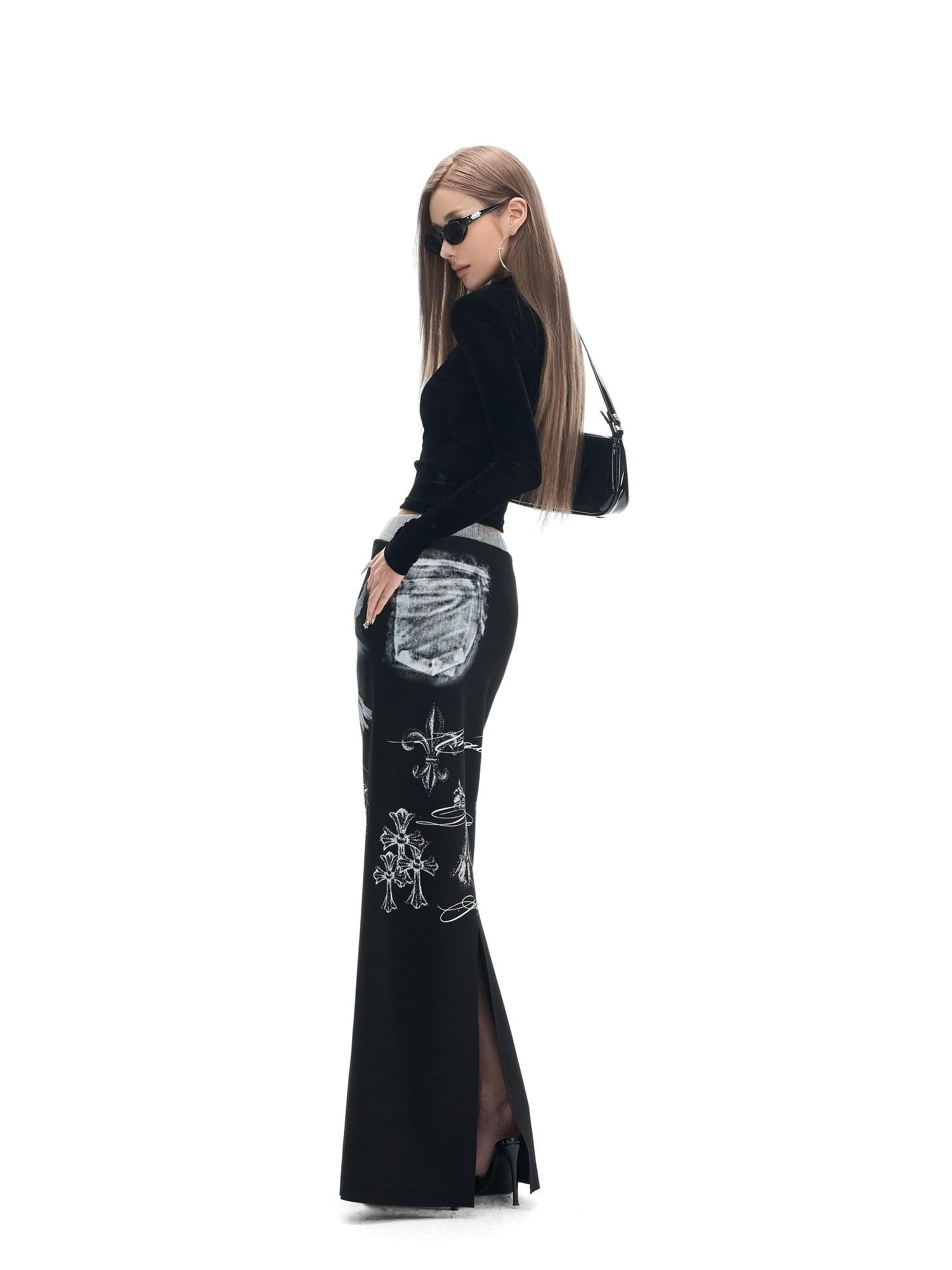 Fanptntox Black Printed Stretch Tie Waist Back Slit Low Waist Women's Cotton Maxi Skirts