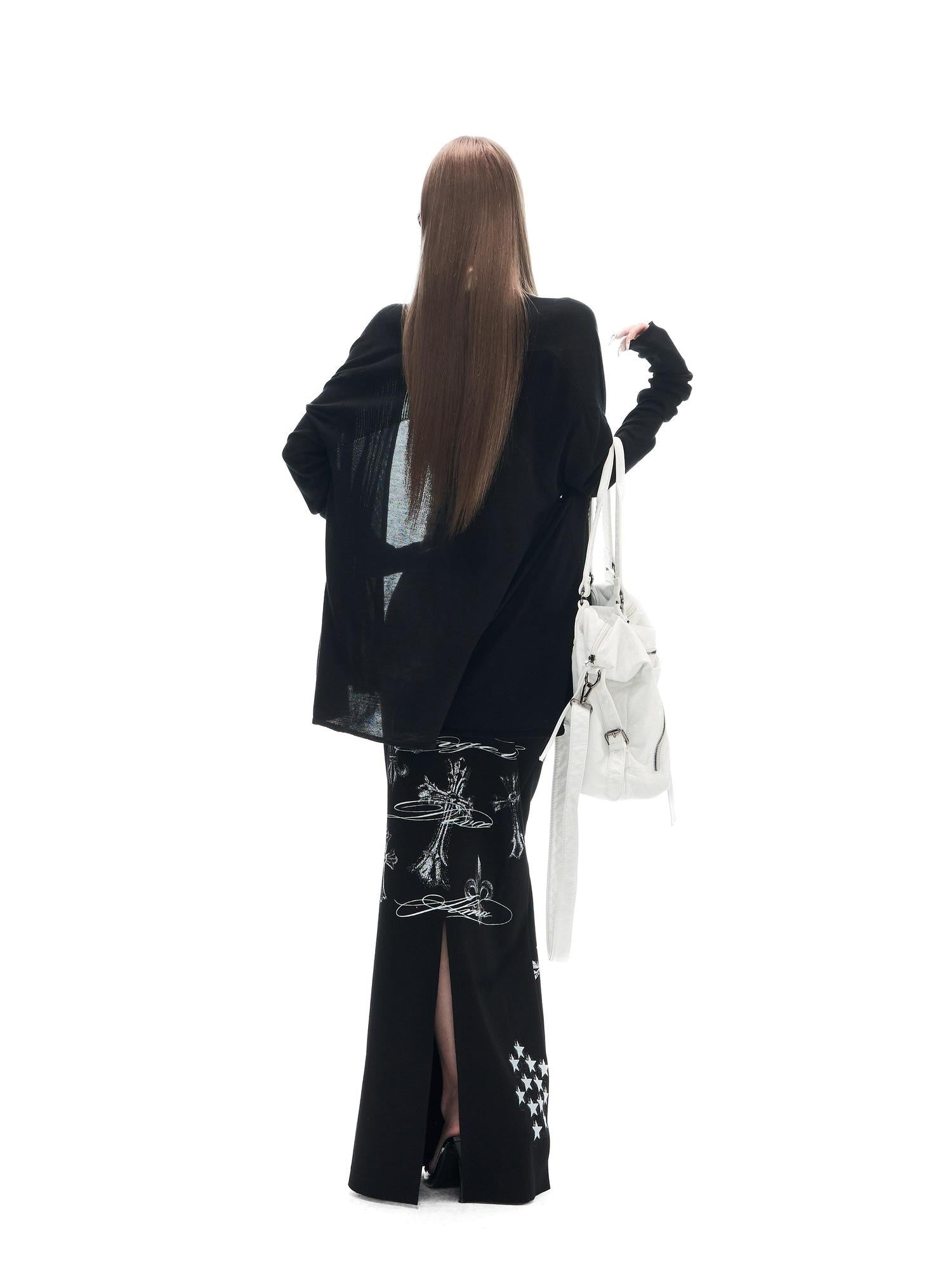 Fanptntox Black Printed Stretch Tie Waist Back Slit Low Waist Women's Cotton Maxi Skirts