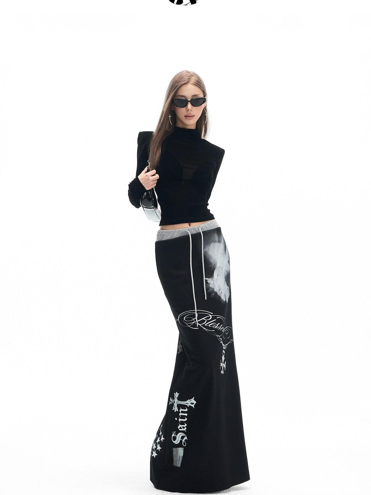 Fanptntox Black Printed Stretch Tie Waist Back Slit Low Waist Women's Cotton Maxi Skirts