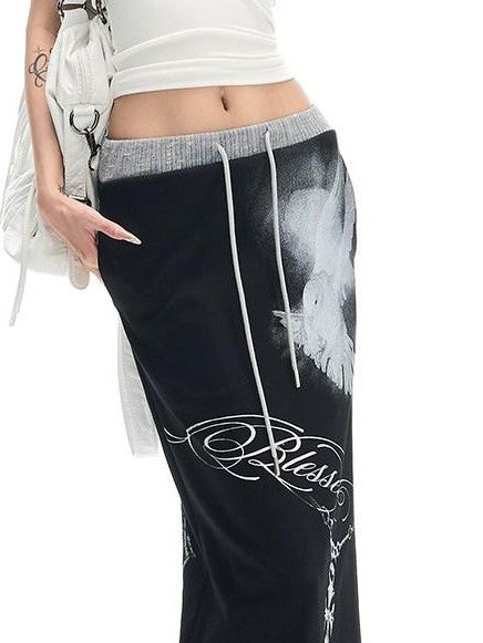 Fanptntox Black Printed Stretch Tie Waist Back Slit Low Waist Women's Cotton Maxi Skirts