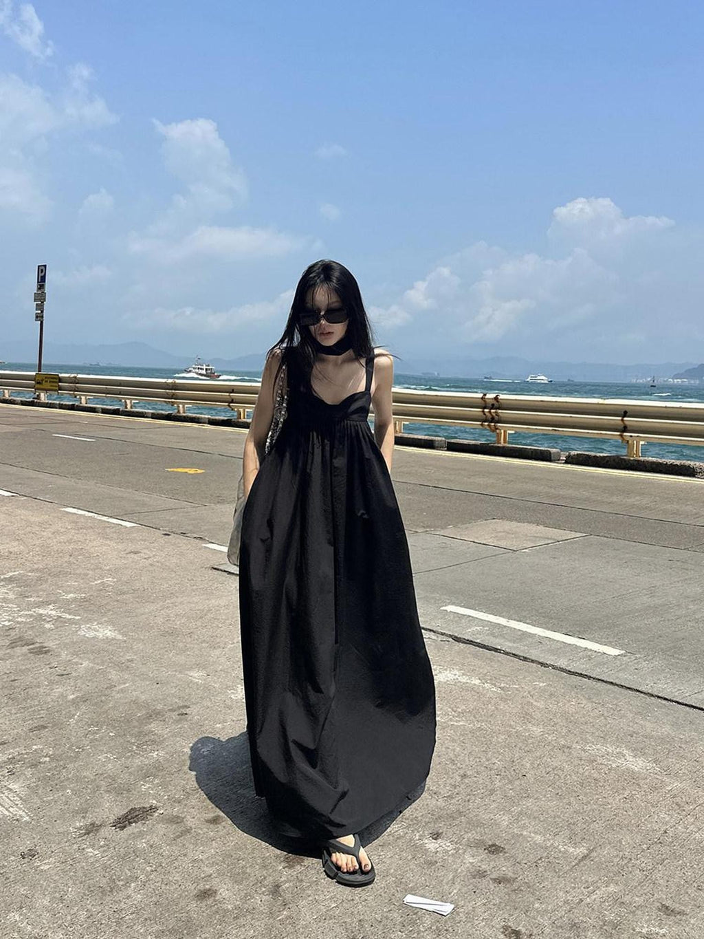 Fanptntox Black Puff Sleeveless Solid Women's Polyester Cotton Blend Slip Maxi Dresses