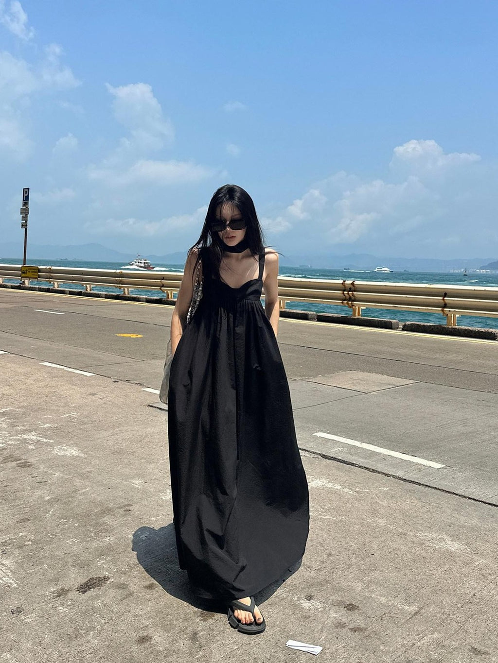 Fanptntox Black Puff Sleeveless Solid Women's Polyester Cotton Blend Slip Maxi Dresses