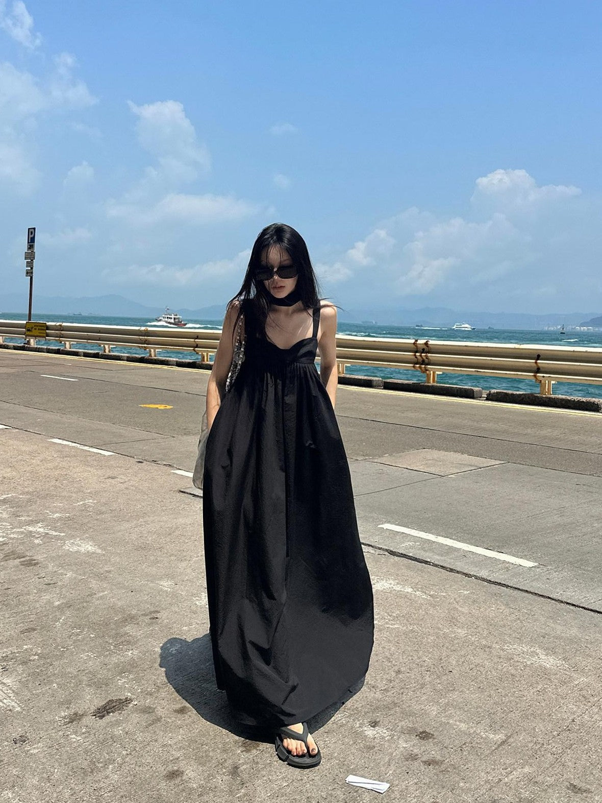 Fanptntox Black Puff Sleeveless Solid Women's Polyester Cotton Blend Slip Maxi Dresses