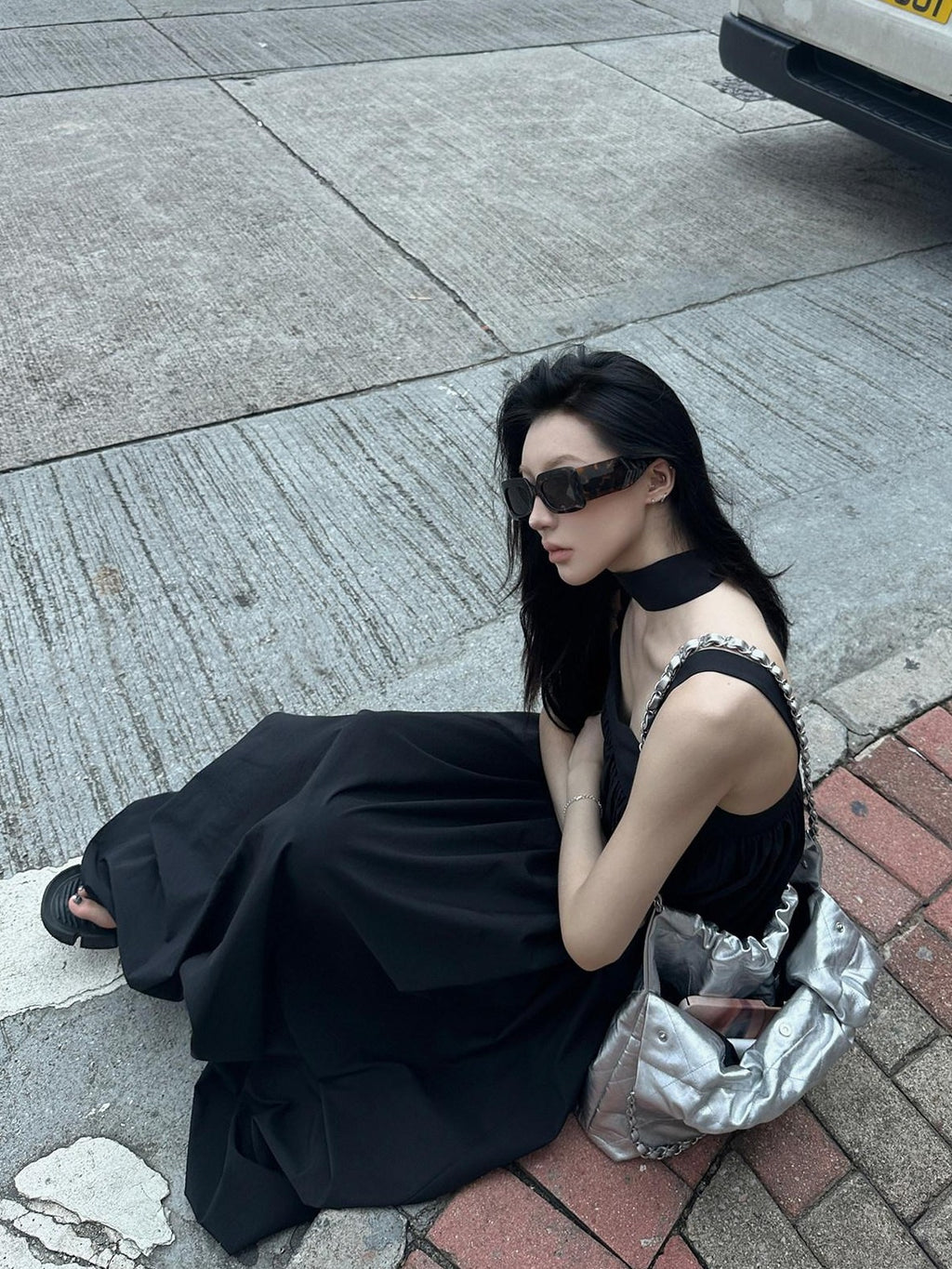 Fanptntox Black Puff Sleeveless Solid Women's Polyester Cotton Blend Slip Maxi Dresses