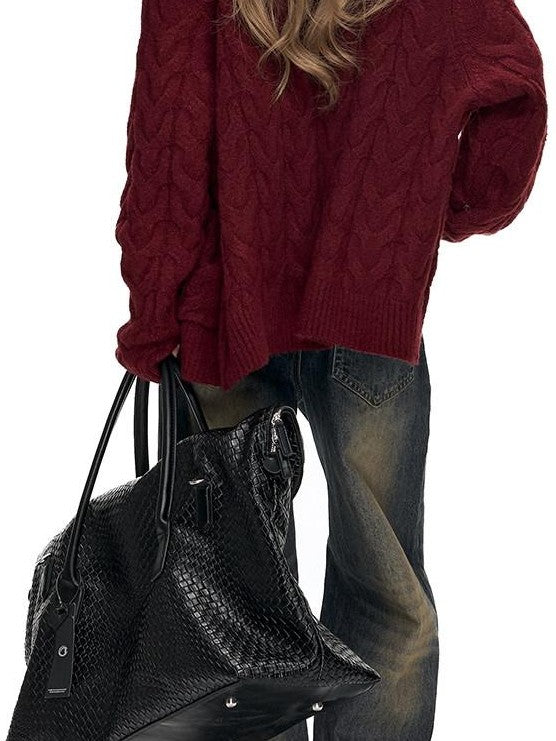 Fanptntox Black Red Cable Knit Chunky Women's Acrylic Wool Blend Button-up Cardigans