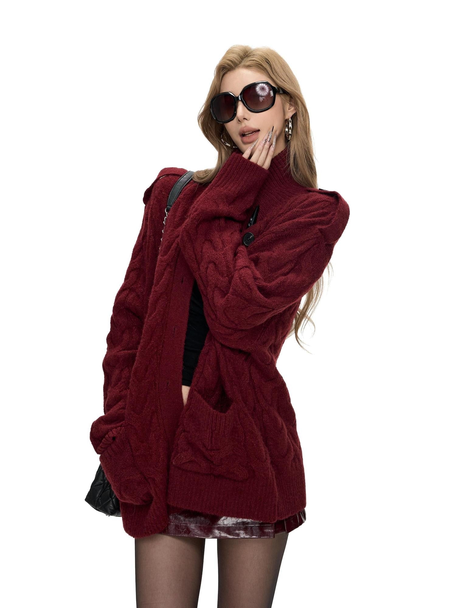 Fanptntox Black Red Cable Knit Chunky Women's Acrylic Wool Blend Button-up Cardigans