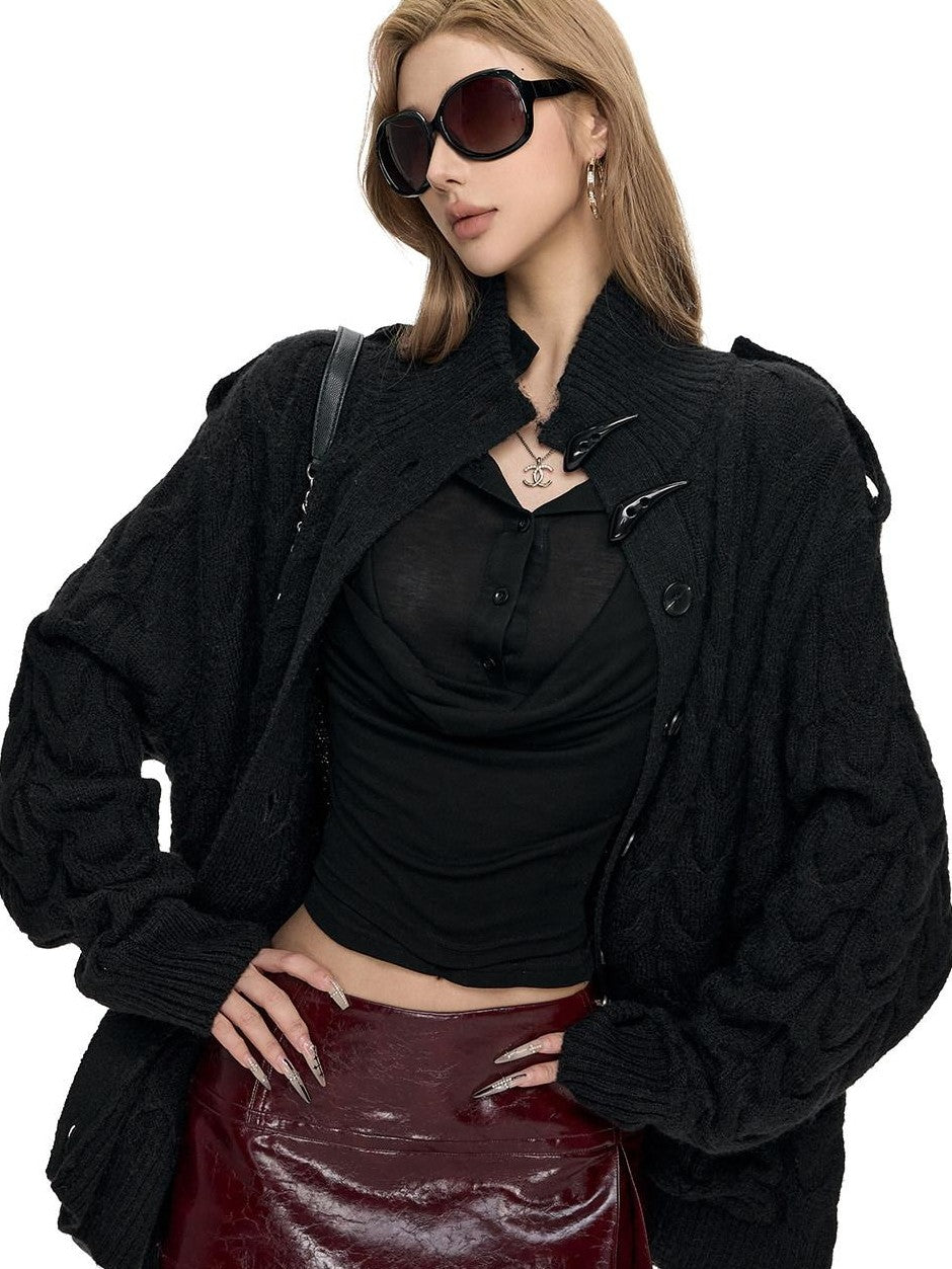 Fanptntox Black Red Cable Knit Chunky Women's Acrylic Wool Blend Button-up Cardigans