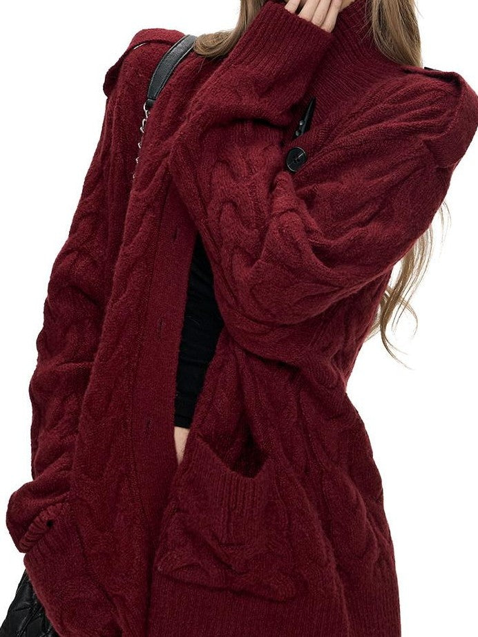 Fanptntox Black Red Cable Knit Chunky Women's Acrylic Wool Blend Button-up Cardigans