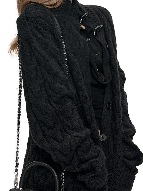 Fanptntox Black Red Cable Knit Chunky Women's Acrylic Wool Blend Button-up Cardigans