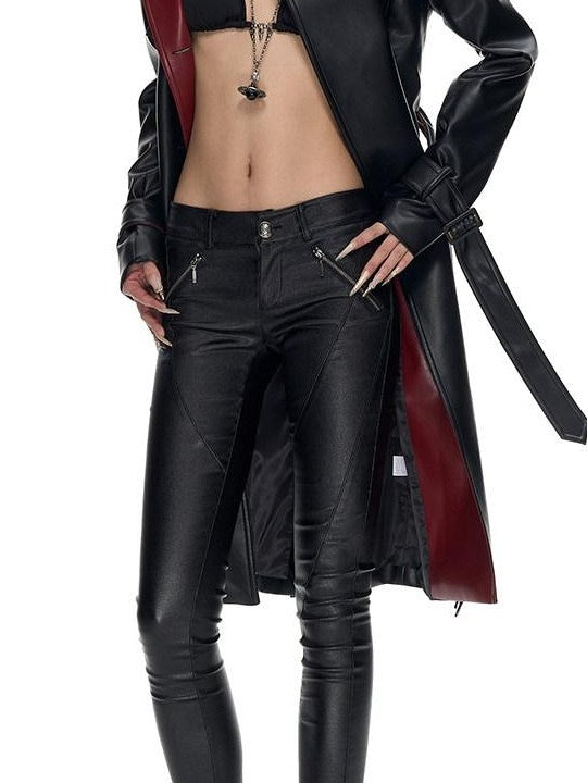 Fanptntox Black Red Colorblock Gold Buckle Belted Women's Pu Leather Trench Coats
