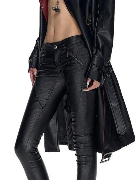 Fanptntox Black Red Colorblock Gold Buckle Belted Women's Pu Leather Trench Coats