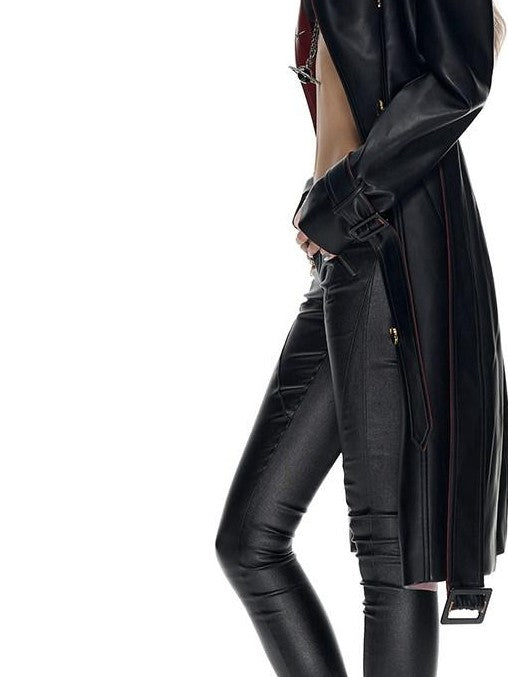 Fanptntox Black Red Colorblock Gold Buckle Belted Women's Pu Leather Trench Coats
