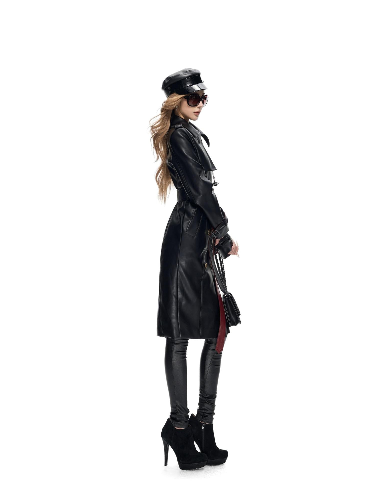 Fanptntox Black Red Colorblock Gold Buckle Belted Women's Pu Leather Trench Coats