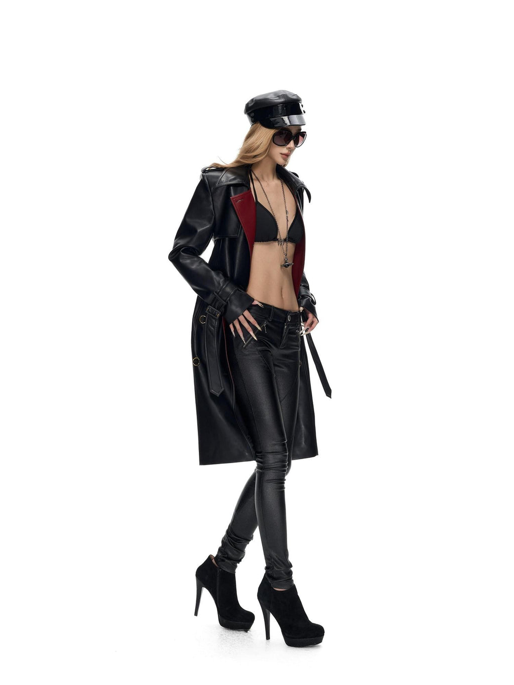 Fanptntox Black Red Colorblock Gold Buckle Belted Women's Pu Leather Trench Coats