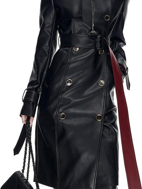 Fanptntox Black Red Colorblock Gold Buckle Belted Women's Pu Leather Trench Coats