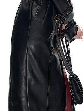 Fanptntox Black Red Colorblock Gold Buckle Belted Women's Pu Leather Trench Coats