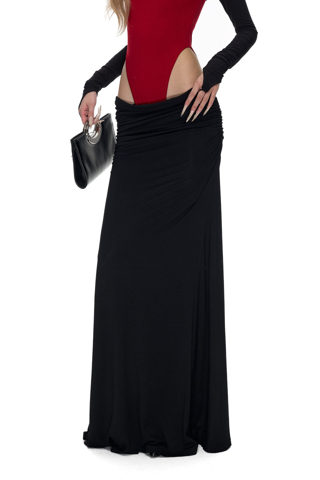 Fanptntox_Black_Red_Knitted_Ruched_Low_Waist_Bodycon_Women's_Viscose_Matching_Skirt_Sets_1011800106549_MISSTT