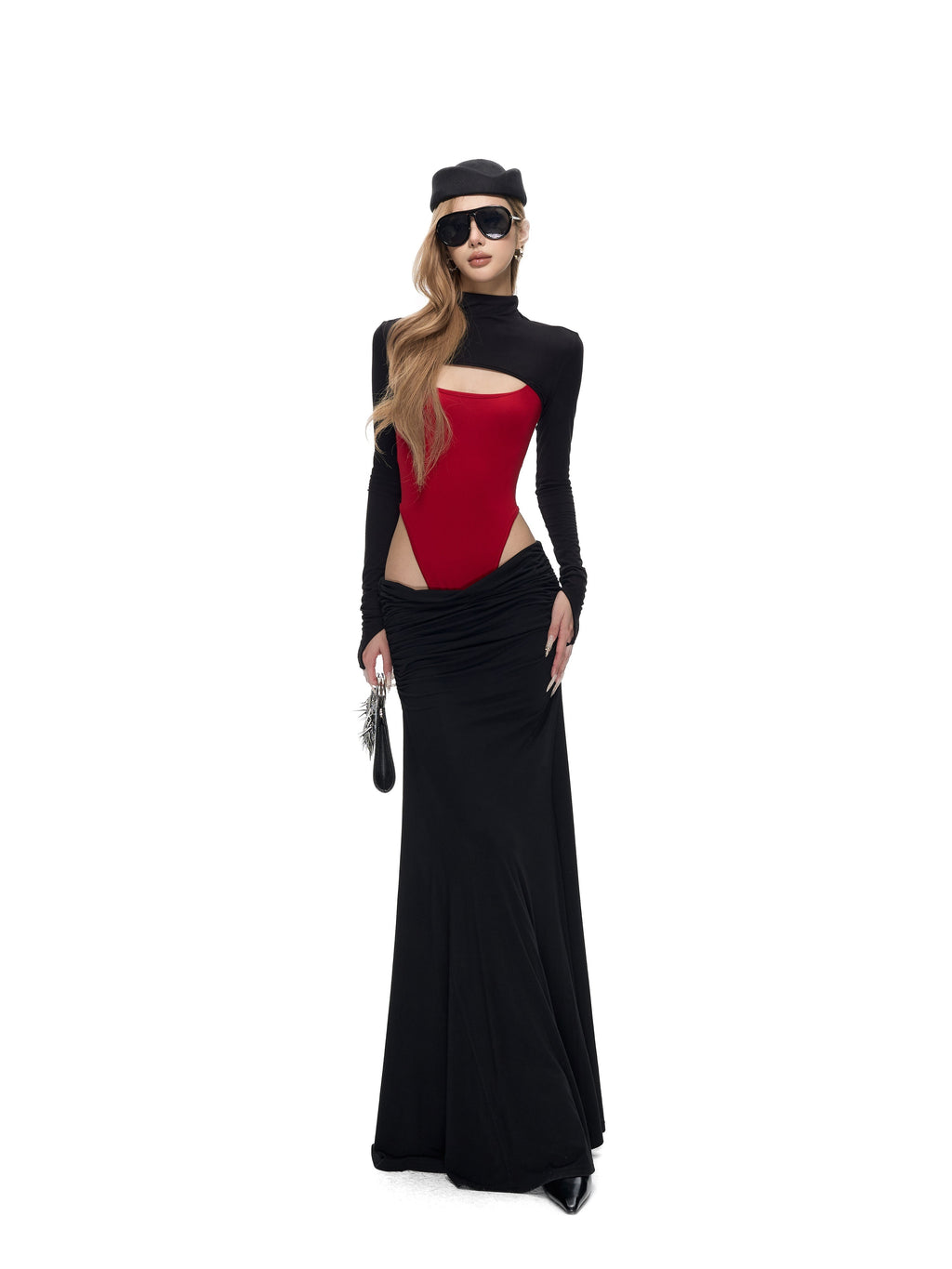 Fanptntox_Black_Red_Knitted_Ruched_Low_Waist_Bodycon_Women's_Viscose_Matching_Skirt_Sets_1011800106549_MISSTT