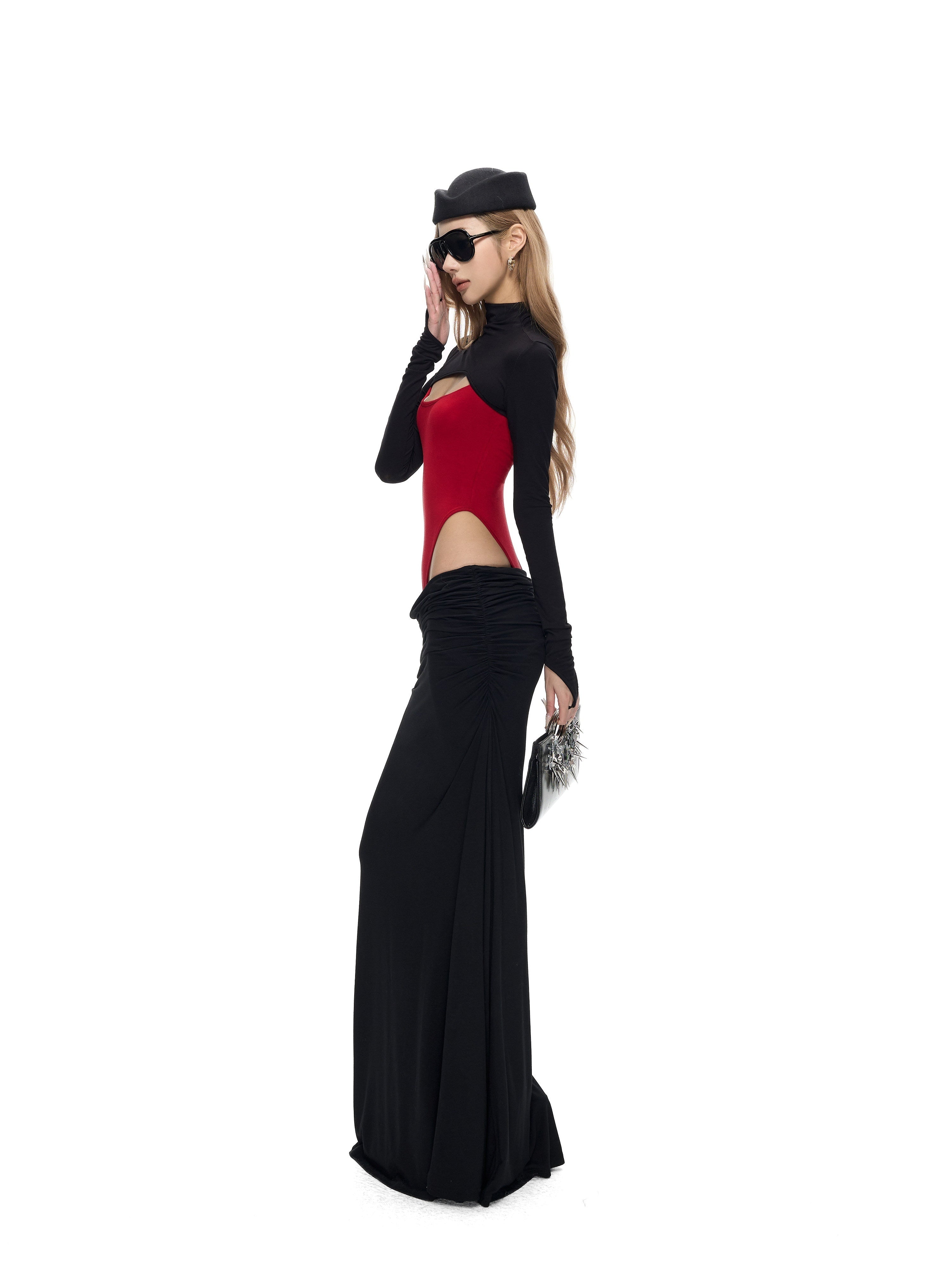 Fanptntox_Black_Red_Knitted_Ruched_Low_Waist_Bodycon_Women's_Viscose_Matching_Skirt_Sets_1011800106549_MISSTT
