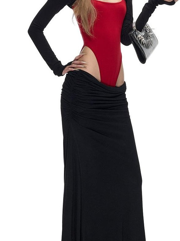 Fanptntox Black Red Knitted Ruched Low Waist Bodycon Women's Viscose Matching Skirt Sets