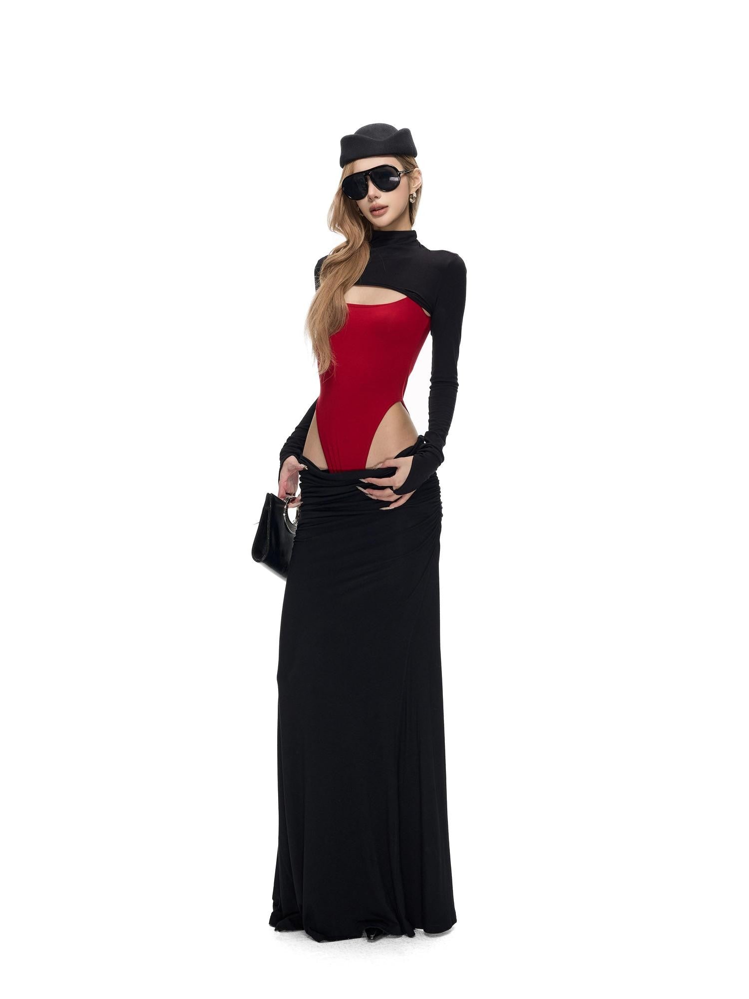 Fanptntox Black Red Knitted Ruched Low Waist Bodycon Women's Viscose Matching Skirt Sets