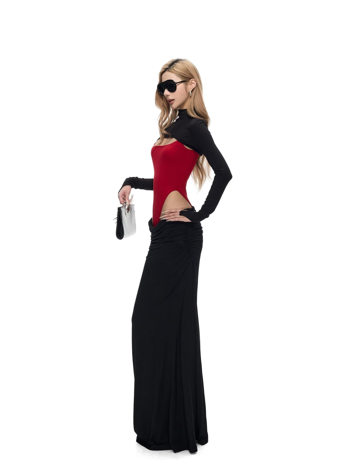Fanptntox Black Red Knitted Ruched Low Waist Bodycon Women's Viscose Matching Skirt Sets